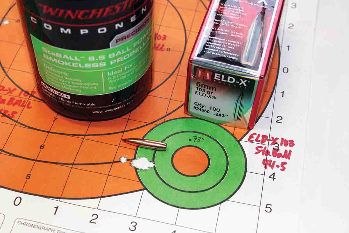 In the past, Patrick’s 6mm Remington hasn’t cared for Hornady’s 103-grain ELD-X bullet. A 44.5-grain charge of StaBALL 6.5 produced a .73-inch, five-shot group, which included a flier. The load is big-game ready.